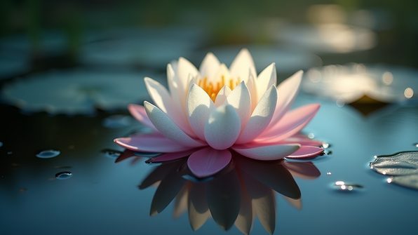 Close-up of a delicate white and pink lotus flower floating on calm, reflective water