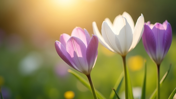 Close-up of delicate white and purple flowers blooming vibrantly in natural sunlight