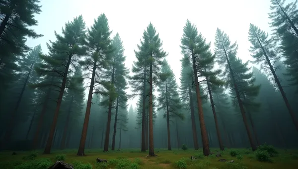 Dense Cluster Of Tall Pine Trees In Forest