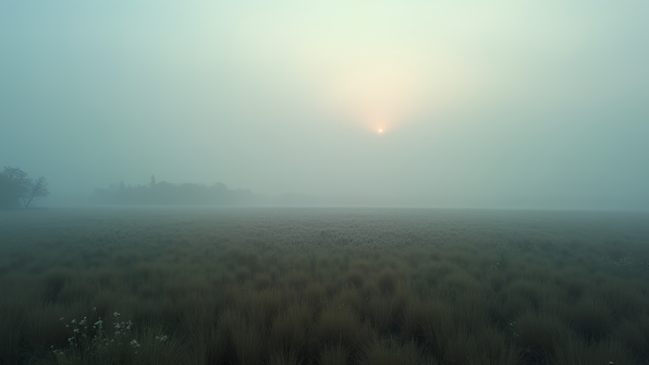 A vast open field covered in dense fog with muted grasses and distant trees under a soft gray sky