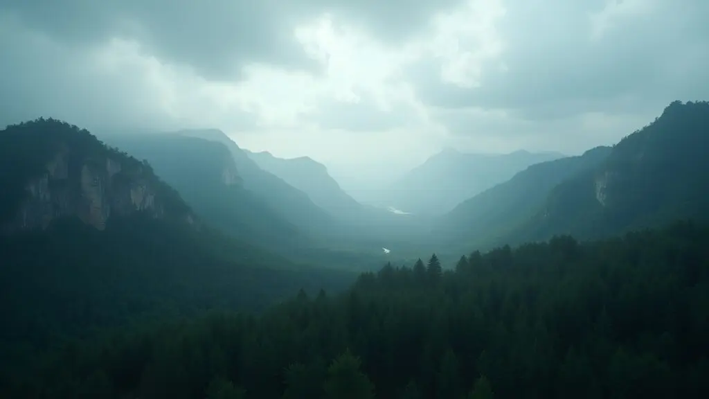 Dense Forest Over Misty Mountain Range