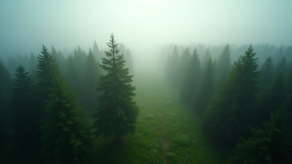 A dense forest with tall green trees beneath a bright, overcast white sky creating a serene natural landscape