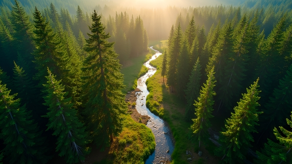Dense Forest Of Tall Pine Trees In Sunlight