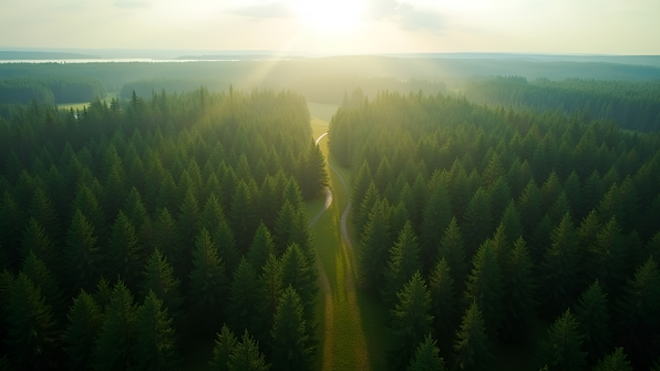 Aerial view of a dense green forest with tall trees and winding paths under sunlight