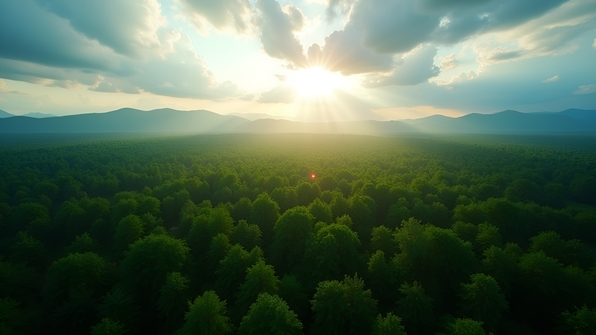 A vibrant aerial view of a dense green forest canopy with sunlight filtering through scattered clouds above