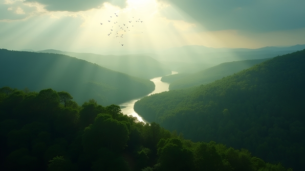 Aerial view of a dense green forest canopy with sunlight filtering through scattered clouds and a winding river visible in the distance