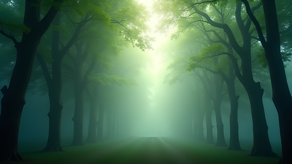 Dense green-leafed trees enveloped in thick, ethereal fog under soft daylight