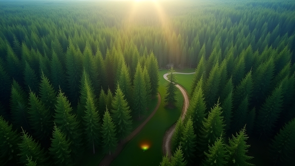 Aerial view of dense green pine trees covering a forest landscape under bright natural sunlight