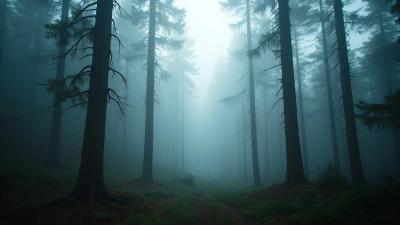 Dense Pine Forest With Morning Fog And Mist