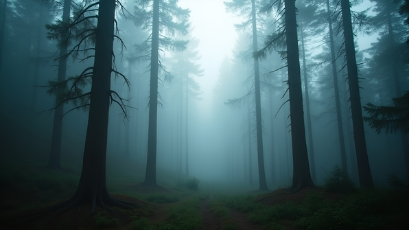 Dense pine forest with morning fog and muted light filtering through misty evergreen trees