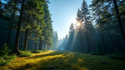 Dense Pine Tree Forest With Sunlight Under Blue Sky