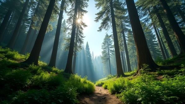 A wide panoramic view of a dense sunlit forest with towering trees and lush greenery under a clear blue sky