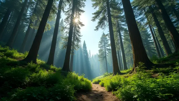 Dense Sunlit Forest With Towering Trees