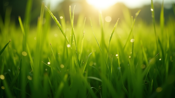 Close-up of dense tall green grass blades gently swaying in natural sunlight with a soft blurred outdoor background