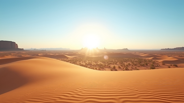 Vast desert landscape with rolling sand dunes under clear blue sky and golden sunlight