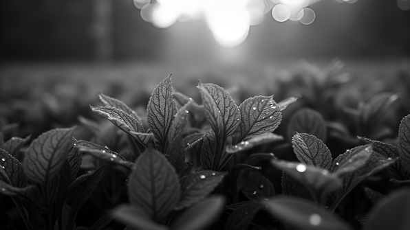 High-contrast grayscale photograph showing detailed textures and veins of lush plant leaves against a softly blurred natural background