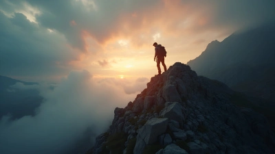 Determined Man Climbing Rugged Mountain Peak