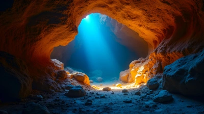 Dimly Lit Brown Cave With Glowing Lights