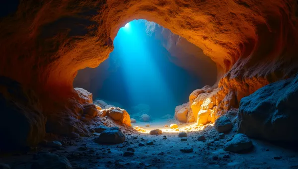 Dimly Lit Brown Cave With Glowing Lights