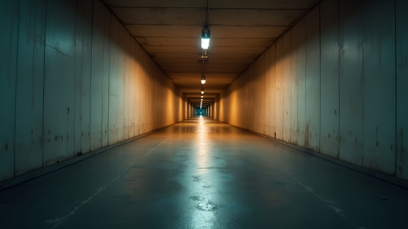 Dimly lit tunnel with warm lighting showcasing smooth concrete walls and a vanishing point