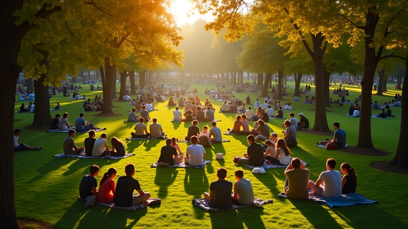 A diverse crowd sitting closely together on the ground in an outdoor park on a sunny day