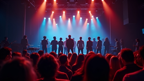 Diverse group on brightly lit stage engaging with enthusiastic audience under vibrant spotlights