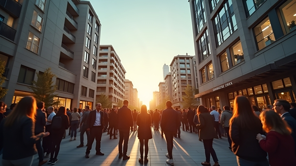 A diverse group of people socializing outdoors in front of modern urban buildings during daytime