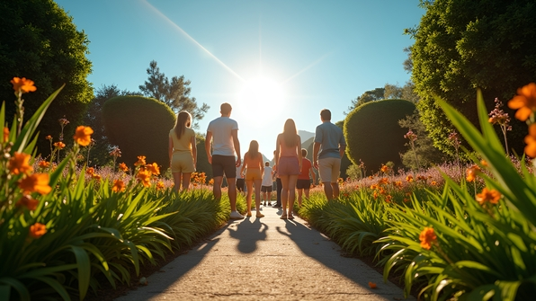 A diverse group standing on a sunlit garden pathway surrounded by lush greenery and colorful flowers