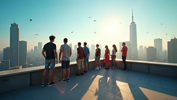 Diverse group standing on rooftop ledge overlooking bustling cityscape with tall buildings under clear blue sky