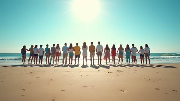 Diverse group standing on sunny beach with gentle waves and clear blue sky