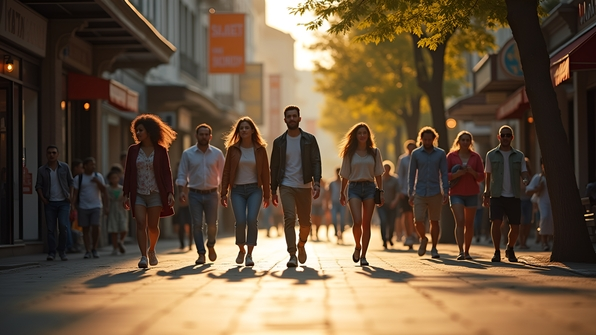Diverse group of people casually strolling along a bustling city street lined with shops and trees on a sunny afternoon