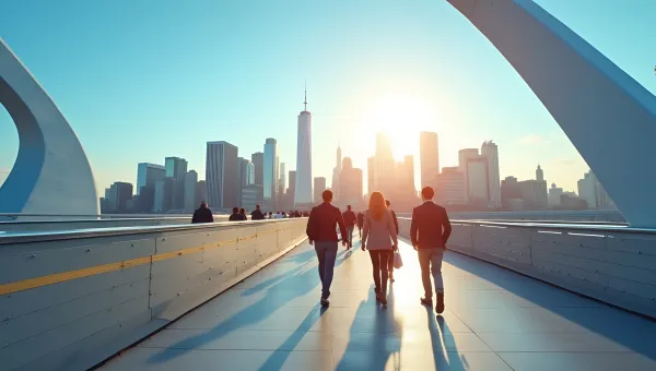 Diverse Group Walking Across Modern Pedestrian Bridge