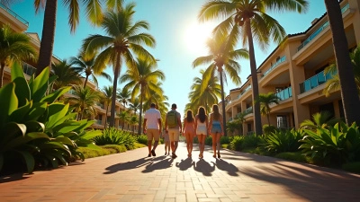 Diverse Group Walking Along Palm-Lined Walkway