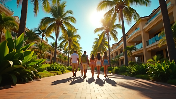 Diverse group walking along a sunny palm-lined walkway under a clear blue sky with vibrant green foliage
