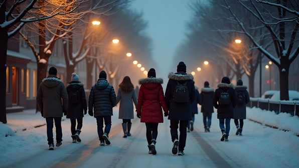 A diverse group walking winter street scene with snow-covered road and frosted trees