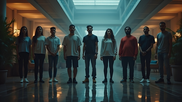 Group of diverse individuals standing on shiny wet floor reflecting overhead lights in a modern indoor space