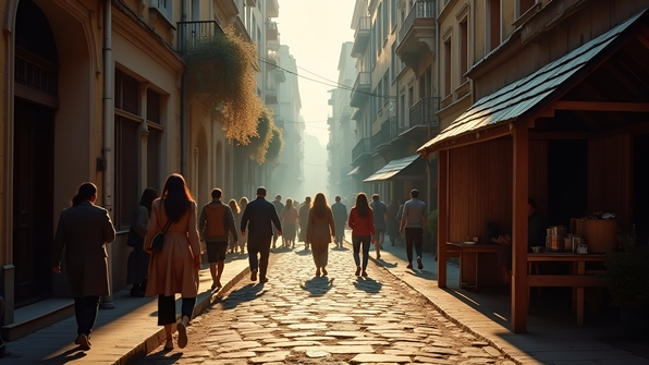 Diverse people walking urban streets with modern buildings and a rustic shed under bright sunlight
