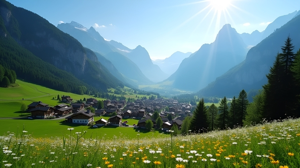 Scenic mountain village of Dobbiaco with traditional alpine houses and Dolomite peaks under a clear blue sky