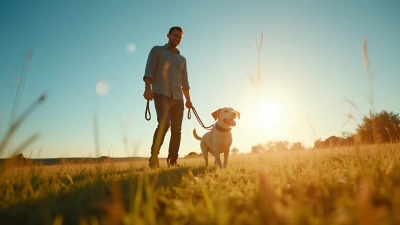 Dog Leash Walking In Sunlit Field