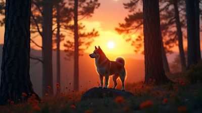 Dog Silhouette Standing on Rock at Sunset