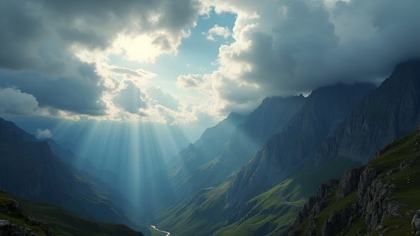Dramatic cloud formations swirl above rugged mountain peaks under a dynamic sky with sunlight breaking through