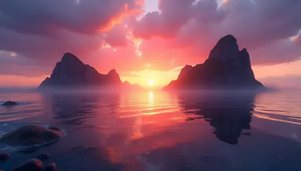 Dramatic Rock Formations at Sunset Over Calm Water