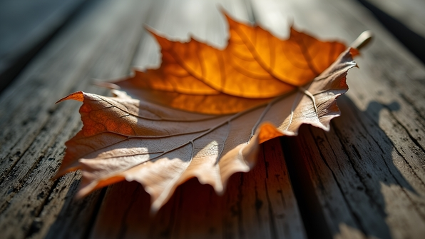 Close-up of a dried brown leaf with intricate veins and curled edges on a textured wooden surface