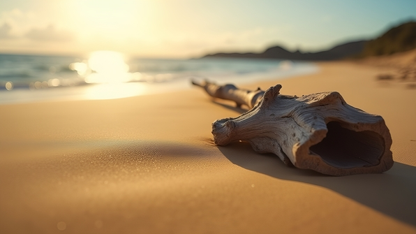 A weathered piece of driftwood resting on smooth, golden sand under soft sunlight with gentle ocean waves in the background