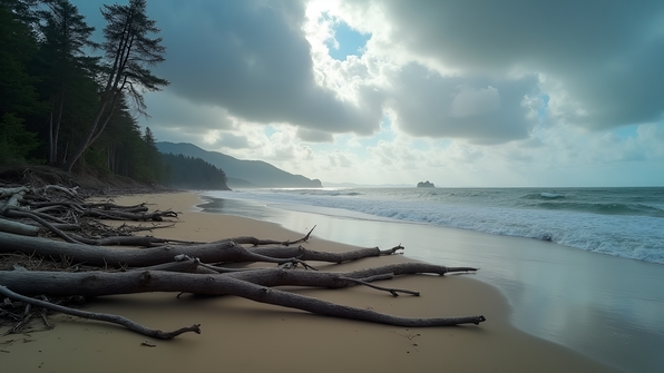 Scattered driftwood logs and branches resting on a sandy beach shoreline under a cloudy sky