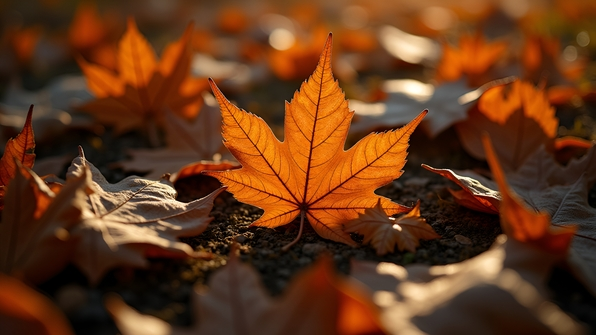 Close-up of dry brown autumn leaves scattered on the ground with soft natural light highlighting their texture and veins