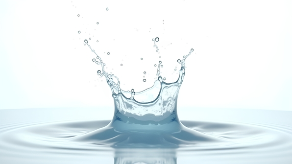 Dynamic water splash frozen mid-air with clear droplets against white background
