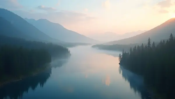 Early Morning Lake Scene With Mist