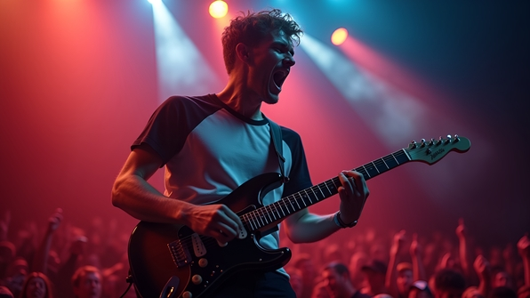 A man wearing a black and white crew neck t-shirt passionately playing an electric guitar on stage with vibrant lighting and a blurred audience background