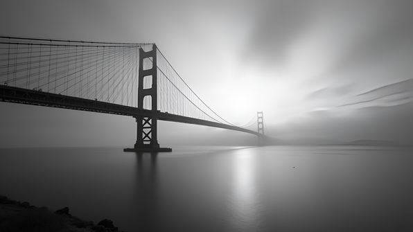 Elegant suspension bridge stretching across a misty river under a cloudy sky in high-contrast grayscale
